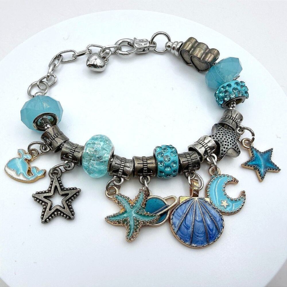 Vintage Aqua Blue Charm Bracelet Beaded Ocean Sea Starfish Moon Y2K 90s 2000s